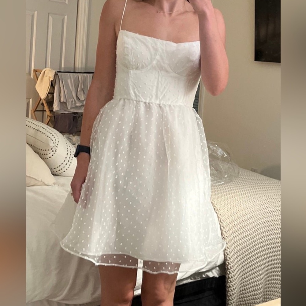 Reformation white mini dress - wedding after party, engagement photos